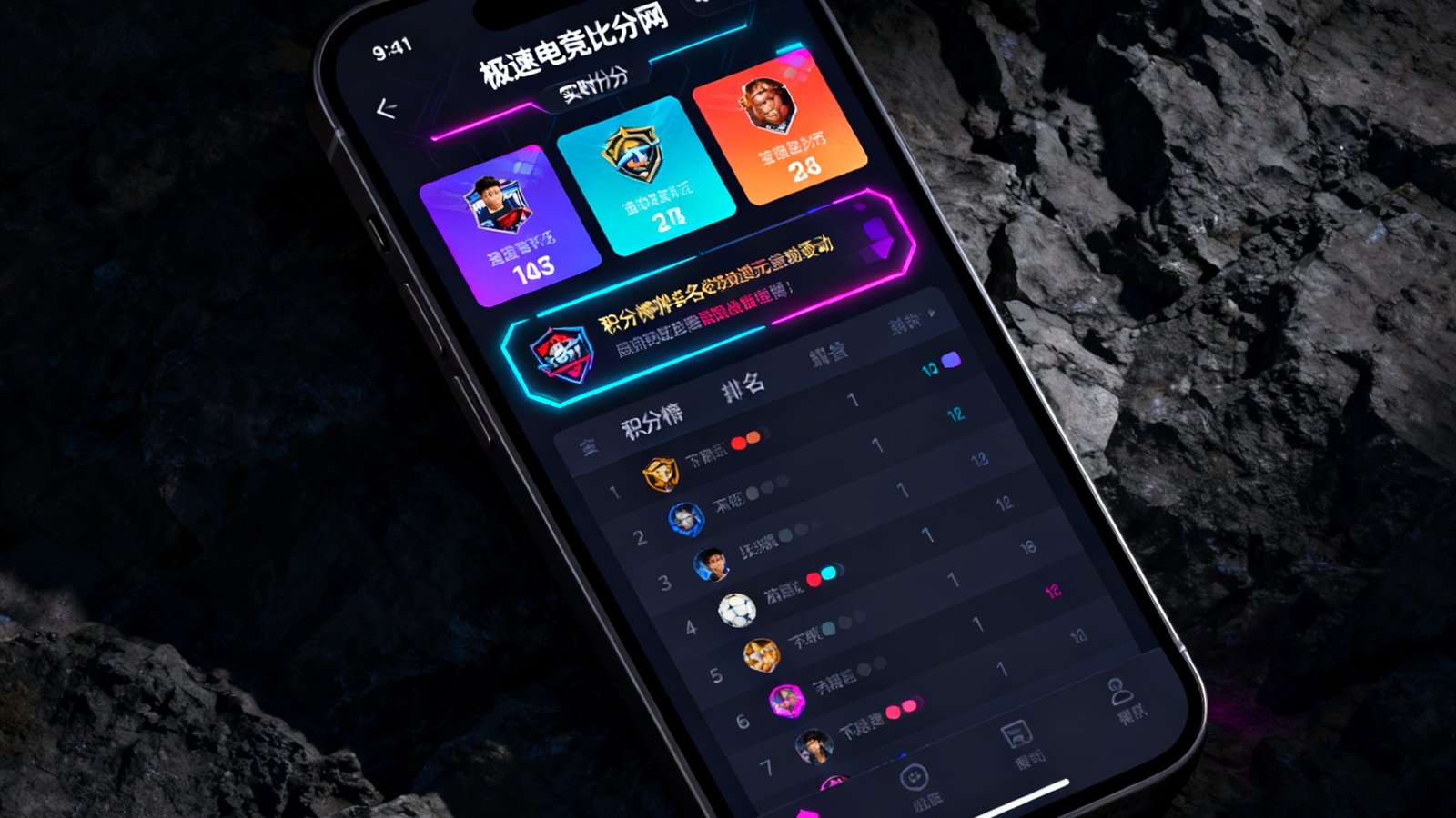 一部智能手机屏幕上展示极速电竞比分网的实时比分界面，顶部显示当前进行中的三场比赛比分卡片，中部为积分榜排名变动提示，底部导航栏清晰可见，整体UI采用深色模式配霓虹色点缀。